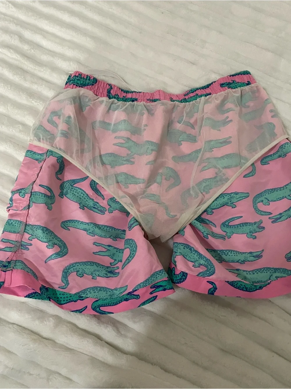 chubbies Pink Swim Trunks with Teal Alligator Print